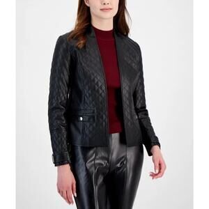 T Tahari Women’s Quilted Faux-Leather Long-Sleeve Jacket Black Size L